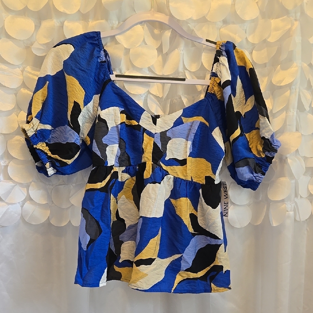 Nine West Blue and Black Puffed Sleeve Blouse